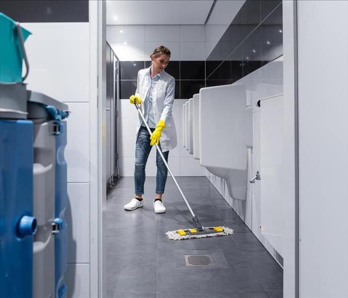 Woman cleaning a restroom.